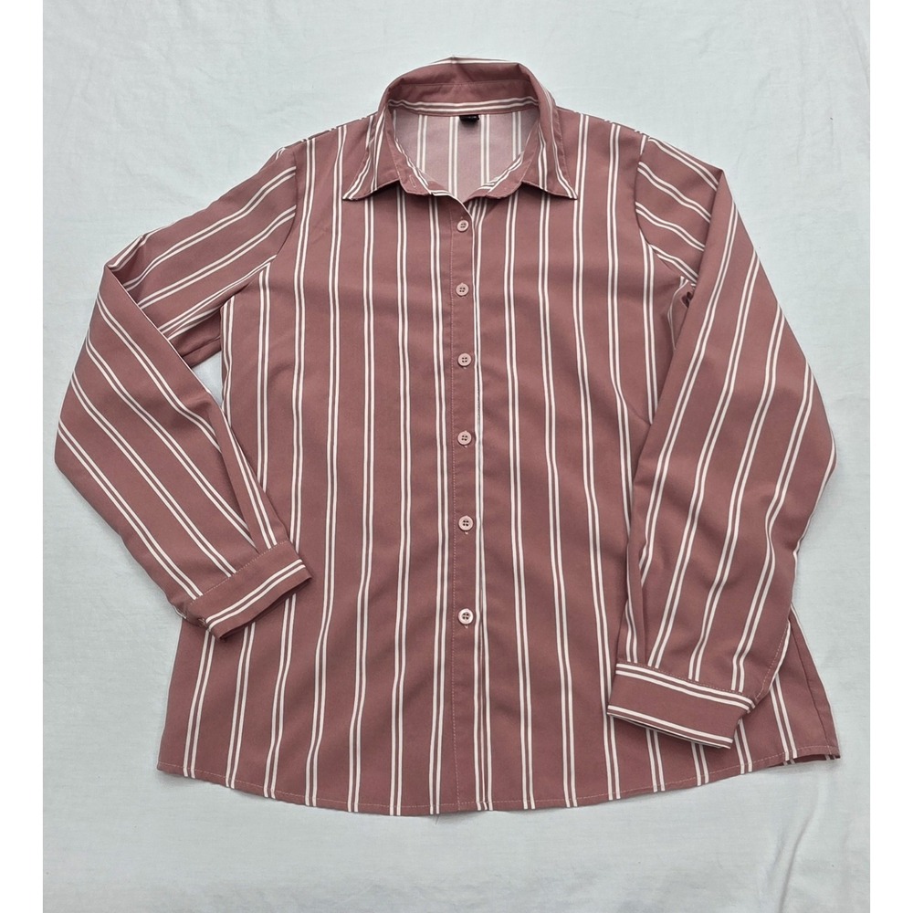 Shein Pink White Striped Business Button Down Shirt Women's Size Medium